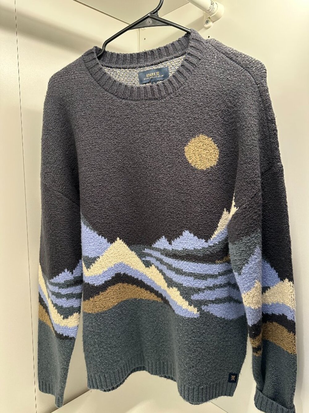 Roark Mountain Landscape Intarsia Knit Pullover Sweater Charcoal Blue - S